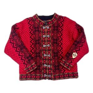 Vintage Windfjord Wool Cardigan Red Nordic Sweater Pewter Clasps